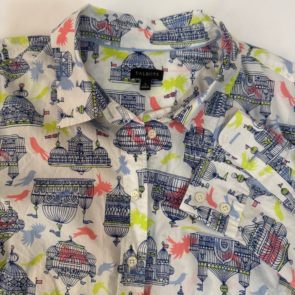 Talbots‎ Womens Large White Cotton Bird Birdcage Novelty Print Button Down Shirt